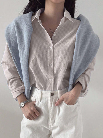 DAZY Women's Striped Loose Business Casual Long Sleeve Shirt