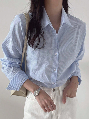 DAZY Women's Striped Loose Business Casual Long Sleeve Shirt
