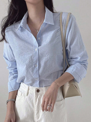 DAZY Women's Striped Loose Business Casual Long Sleeve Shirt