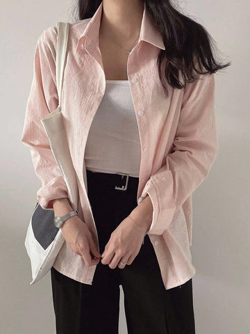 DAZY Women's Striped Loose Business Casual Long Sleeve Shirt
