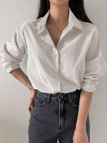 DAZY Women's Striped Loose Business Casual Long Sleeve Shirt