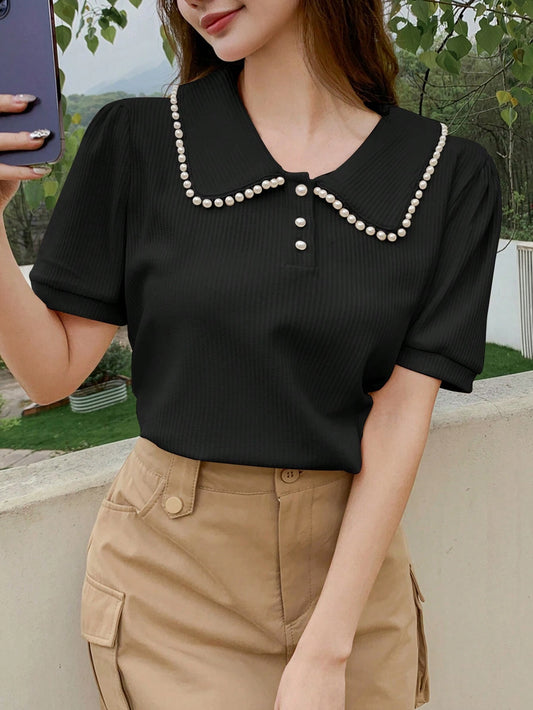 DAZY Women's Faux Pearl Edge POLO Collar Short Sleeve Casual T-Shirt