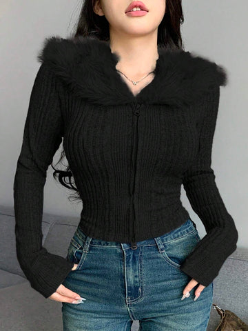 DAZY Textured Brushed Patchwork Collar Fitted Sexy Cardigan