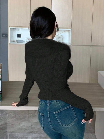 DAZY Textured Brushed Patchwork Collar Fitted Sexy Cardigan