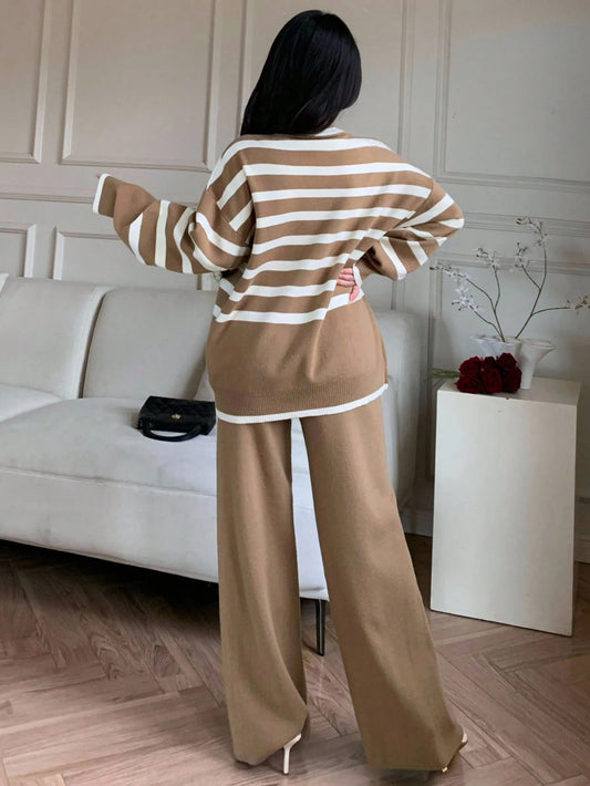 Women's Turtleneck Striped Drop Shoulder Long Sleeve Sweater And Knit Pants