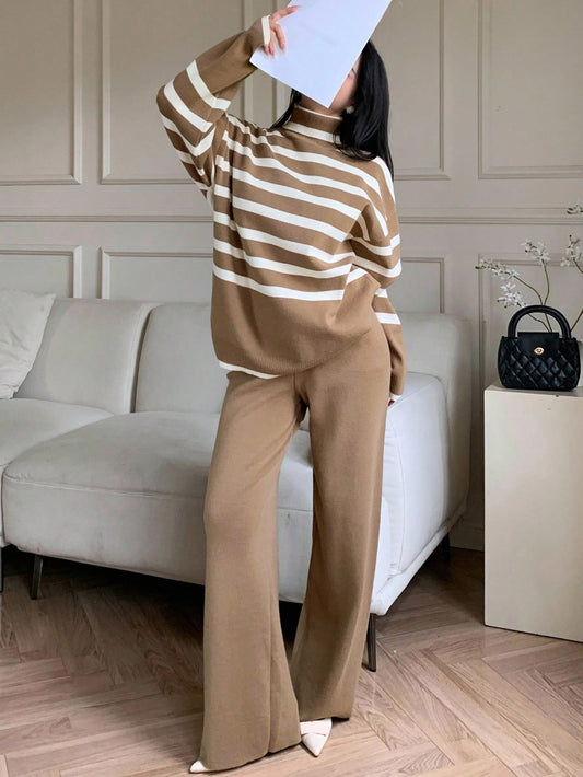 Women's Turtleneck Striped Drop Shoulder Long Sleeve Sweater And Knit Pants