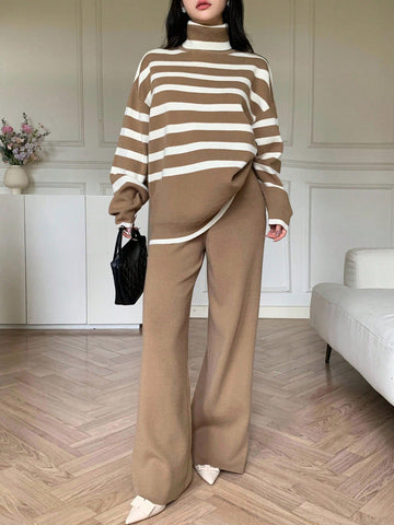 Women's Turtleneck Striped Drop Shoulder Long Sleeve Sweater And Knit Pants