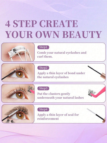 DlY Eyelash Extension Kit Individual Lashes Cluster D Curling, Lash Clusters With Lash Bond, Lash Remove And Seal And Lash Applicator Brush Tool
