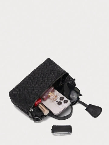 1pc PU Faux Woven Handbag