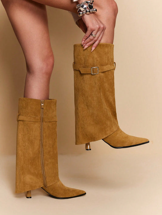 Women's Pointed Toe Chunky Heel Suede Western Boots With Fringe