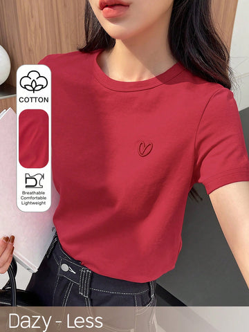 DAZY Solid Color Embroidered Heart Short Sleeve T-Shirt