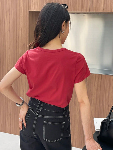DAZY Solid Color Embroidered Heart Short Sleeve T-Shirt