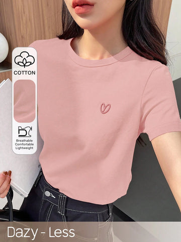 DAZY Solid Color Embroidered Heart Short Sleeve T-Shirt