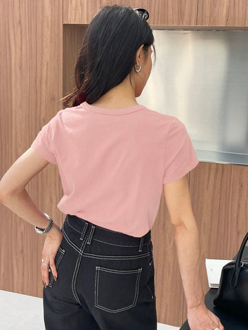 DAZY Solid Color Embroidered Heart Short Sleeve T-Shirt