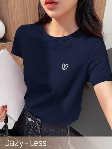 DAZY Solid Color Embroidered Heart Short Sleeve T-Shirt