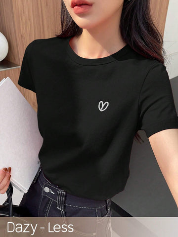 DAZY Solid Color Embroidered Heart Short Sleeve T-Shirt