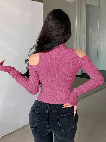 Dazy Designer Women's Cold Shoulder Ribbed Long Sleeve T-Shirt