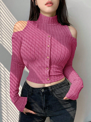 Dazy Designer Women's Cold Shoulder Ribbed Long Sleeve T-Shirt