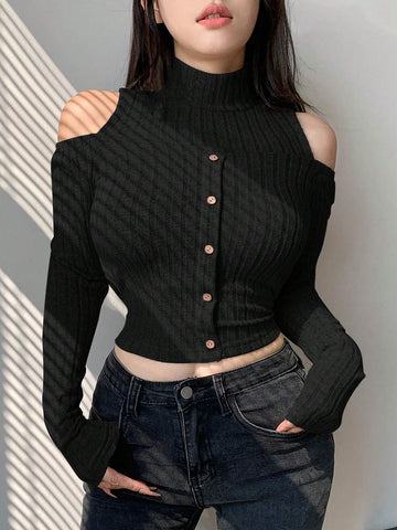 Dazy Designer Women's Cold Shoulder Ribbed Long Sleeve T-Shirt