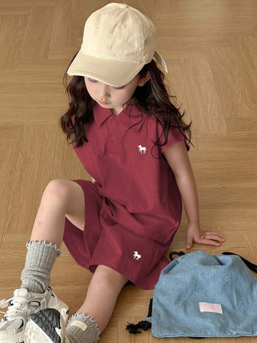Young Girl Polo Collar Knit Printed & Embroidered Short Sleeve T-Shirt + Knit Shorts