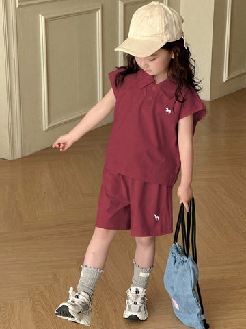 Young Girl Polo Collar Knit Printed & Embroidered Short Sleeve T-Shirt + Knit Shorts