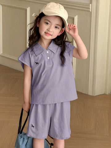 Young Girl Polo Collar Knit Printed & Embroidered Short Sleeve T-Shirt + Knit Shorts