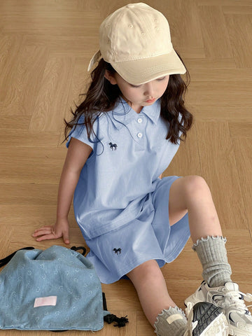 Young Girl Polo Collar Knit Printed & Embroidered Short Sleeve T-Shirt + Knit Shorts