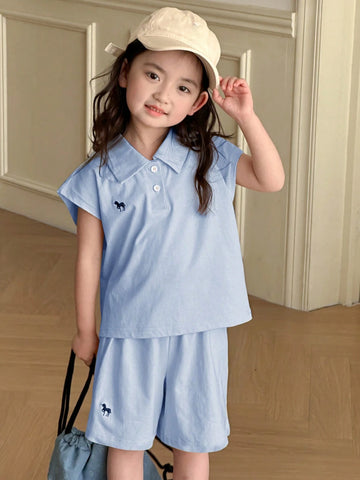 Young Girl Polo Collar Knit Printed & Embroidered Short Sleeve T-Shirt + Knit Shorts