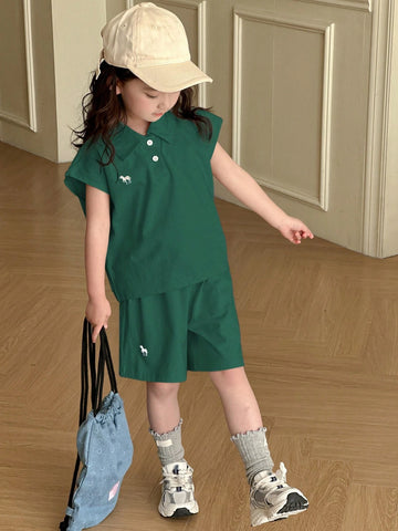 Young Girl Polo Collar Knit Printed & Embroidered Short Sleeve T-Shirt + Knit Shorts