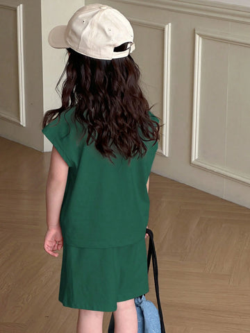 Young Girl Polo Collar Knit Printed & Embroidered Short Sleeve T-Shirt + Knit Shorts