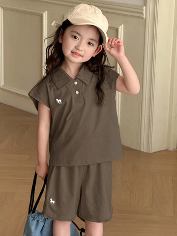 Young Girl Polo Collar Knit Printed & Embroidered Short Sleeve T-Shirt + Knit Shorts