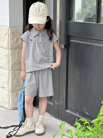 Young Girl Polo Collar Knit Printed & Embroidered Short Sleeve T-Shirt + Knit Shorts