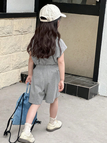 Young Girl Polo Collar Knit Printed & Embroidered Short Sleeve T-Shirt + Knit Shorts