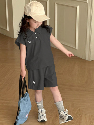 Young Girl Polo Collar Knit Printed & Embroidered Short Sleeve T-Shirt + Knit Shorts
