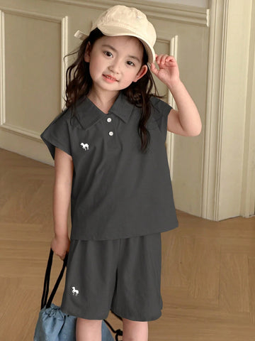 Young Girl Polo Collar Knit Printed & Embroidered Short Sleeve T-Shirt + Knit Shorts