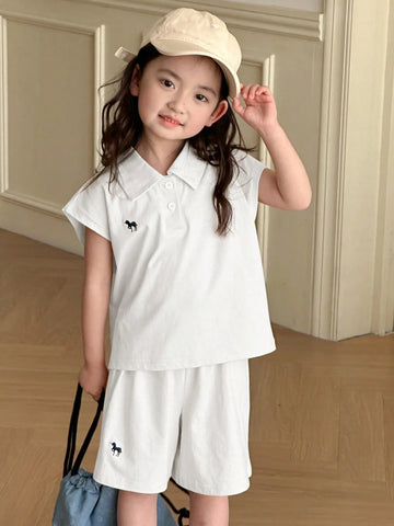 Young Girl Polo Collar Knit Printed & Embroidered Short Sleeve T-Shirt + Knit Shorts