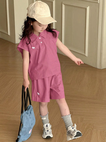 Young Girl Polo Collar Knit Printed & Embroidered Short Sleeve T-Shirt + Knit Shorts