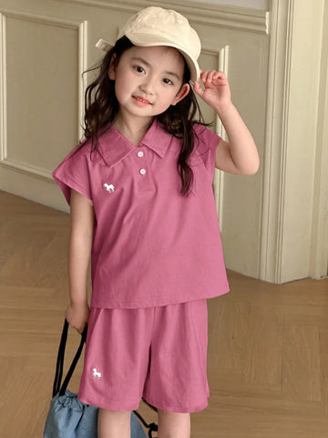 Young Girl Polo Collar Knit Printed & Embroidered Short Sleeve T-Shirt + Knit Shorts