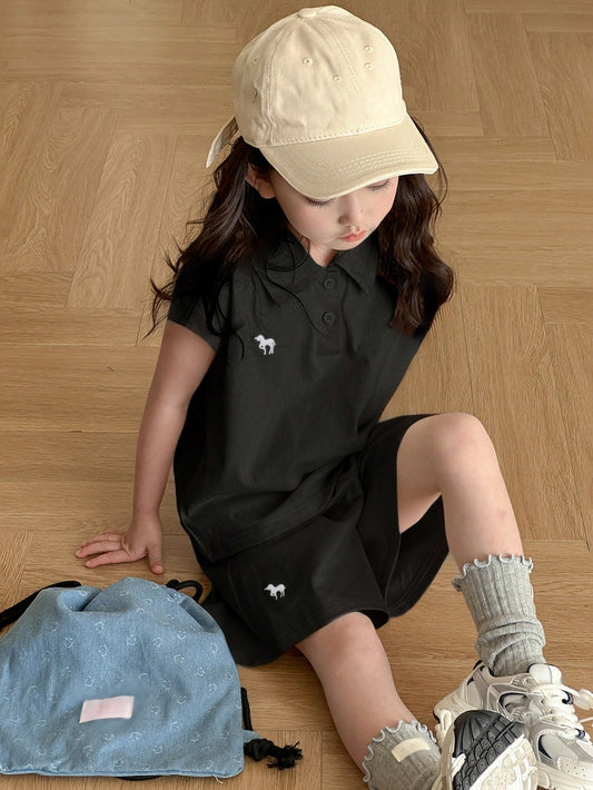 Young Girl Polo Collar Knit Printed & Embroidered Short Sleeve T-Shirt + Knit Shorts