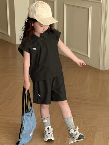 Young Girl Polo Collar Knit Printed & Embroidered Short Sleeve T-Shirt + Knit Shorts