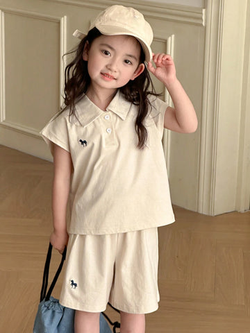 Young Girl Polo Collar Knit Printed & Embroidered Short Sleeve T-Shirt + Knit Shorts