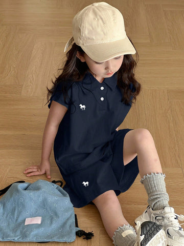 Young Girl Polo Collar Knit Printed & Embroidered Short Sleeve T-Shirt + Knit Shorts