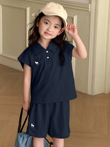 Young Girl Polo Collar Knit Printed & Embroidered Short Sleeve T-Shirt + Knit Shorts