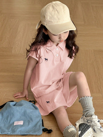 Young Girl Polo Collar Knit Printed & Embroidered Short Sleeve T-Shirt + Knit Shorts