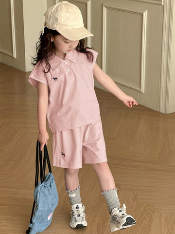 Young Girl Polo Collar Knit Printed & Embroidered Short Sleeve T-Shirt + Knit Shorts