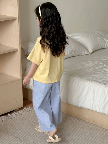 Fall Outfit Set: Round Neck Knit Allover Print Short Sleeve T-Shirt + All-Over Print Long Pants