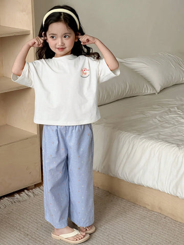Fall Outfit Set: Round Neck Knit Allover Print Short Sleeve T-Shirt + All-Over Print Long Pants