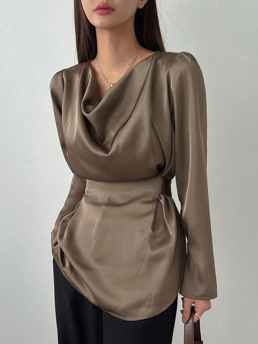 Dazy Star Women's Solid Color Ruffled Collar Puff Sleeve Casual Business Shirt