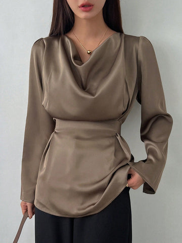 Dazy Star Women's Solid Color Ruffled Collar Puff Sleeve Casual Business Shirt