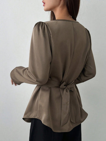 Dazy Star Women's Solid Color Ruffled Collar Puff Sleeve Casual Business Shirt